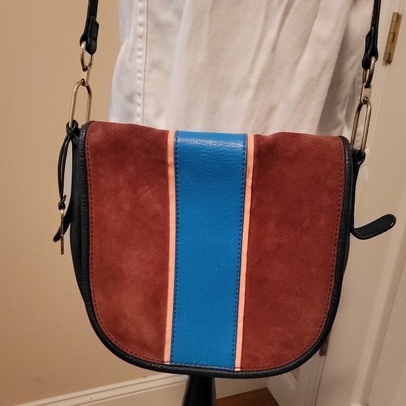 Fossil Rumi Navy Leather, Blue, Burgundy Suede with Pink Accent Crossbody - Picture 2 of 13